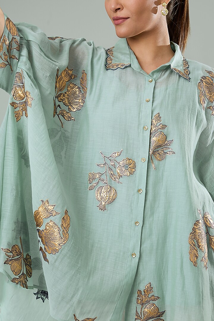 Ice Blue Silk & Cotton Applique Work Shirt by Azu at Pernia's Pop Up Shop