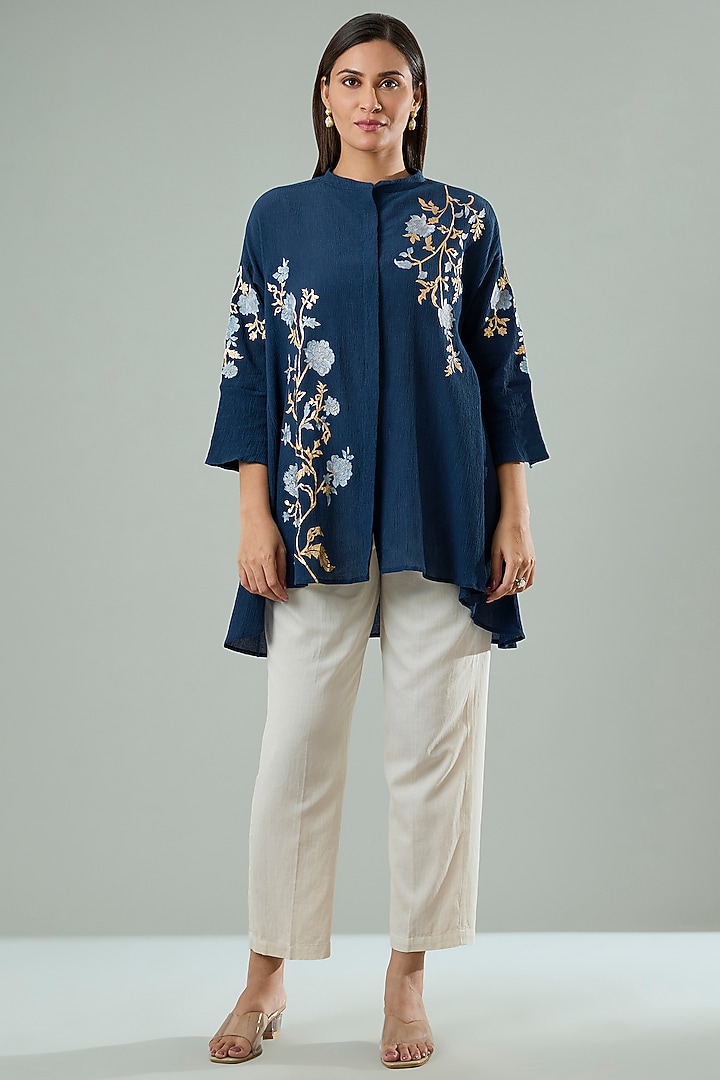 Charcoal Grey Silk & Cotton Applique Work Shirt by Azu at Pernia's Pop Up Shop