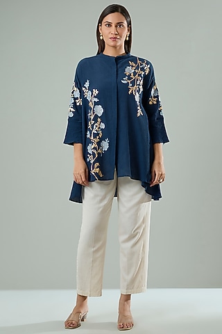 Charcoal Grey Silk & Cotton Applique Work Shirt by Azu
