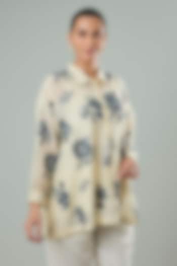 Beige Silk & Cotton Applique Work Shirt by Azu at Pernia's Pop Up Shop