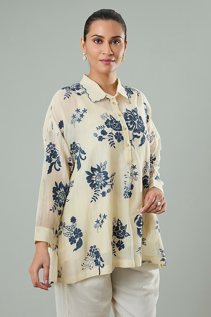 Beige Silk & Cotton Applique Work Shirt by Azu at Pernia's Pop Up Shop