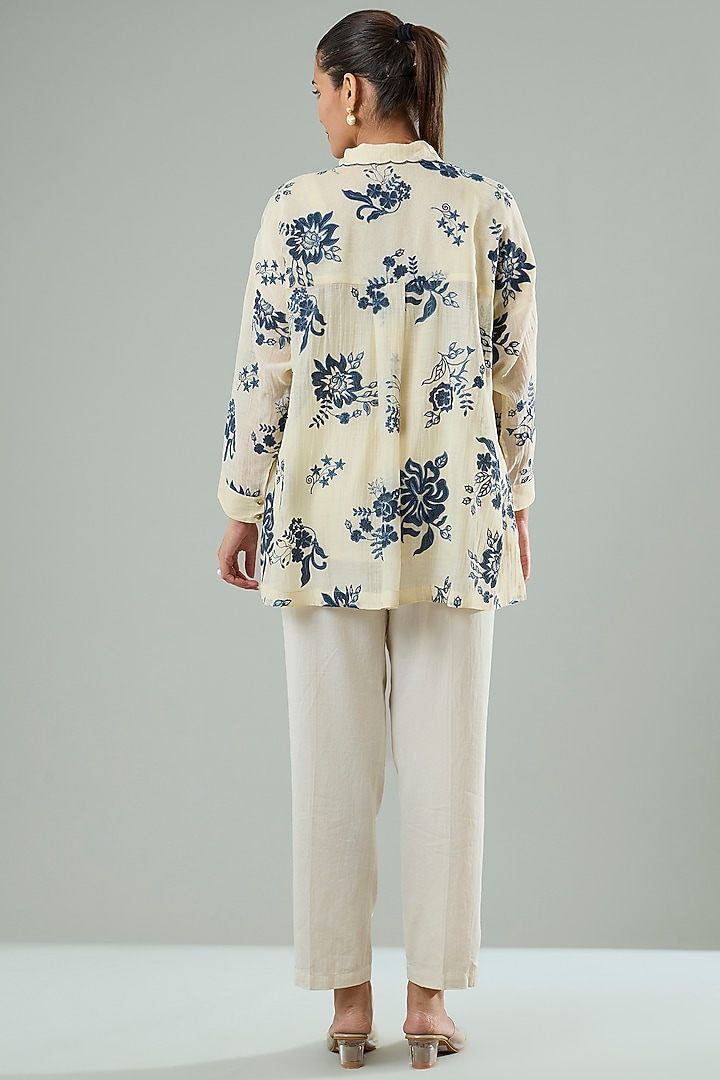 Beige Silk & Cotton Applique Work Shirt by Azu at Pernia's Pop Up Shop
