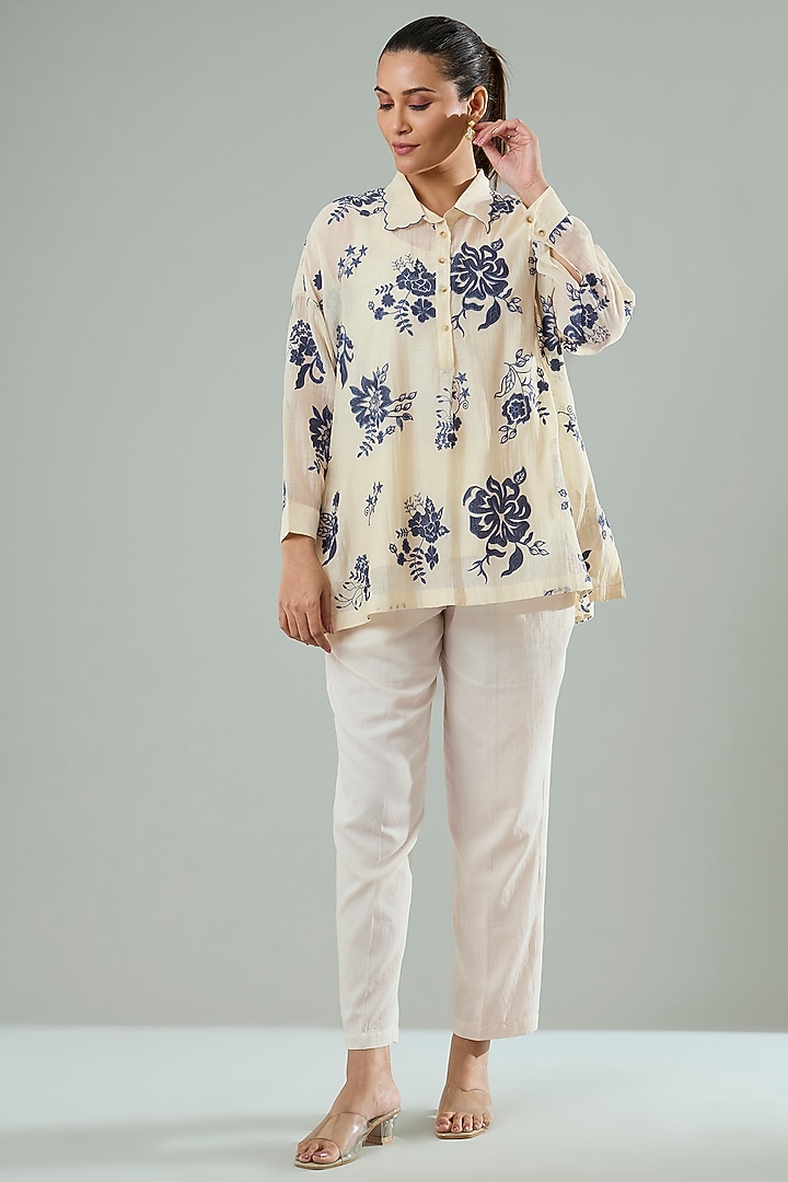 Beige Silk & Cotton Applique Work Shirt by Azu at Pernia's Pop Up Shop