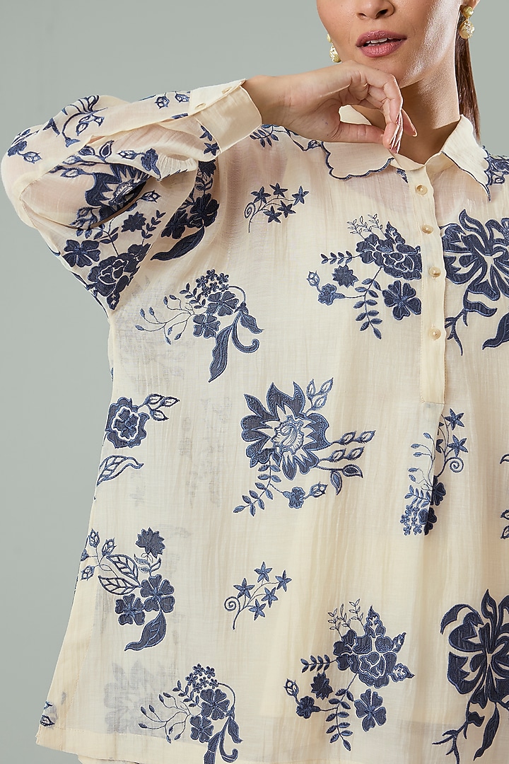 Beige Silk & Cotton Applique Work Shirt by Azu at Pernia's Pop Up Shop