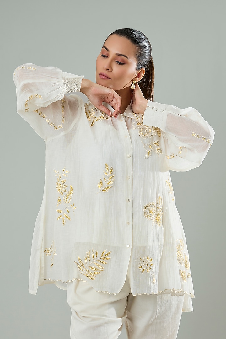 Cream & Mustard Silk Applique Work Shirt by Azu at Pernia's Pop Up Shop