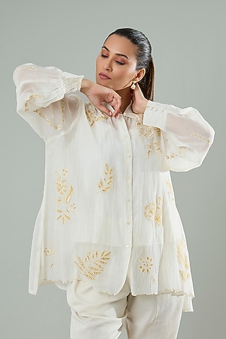 Cream & Mustard Silk Applique Work Shirt by Azu