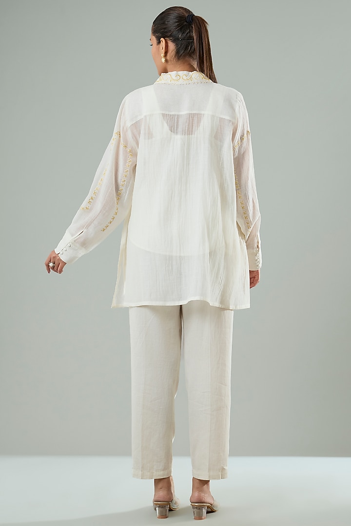 Cream & Mustard Silk Applique Work Shirt by Azu at Pernia's Pop Up Shop