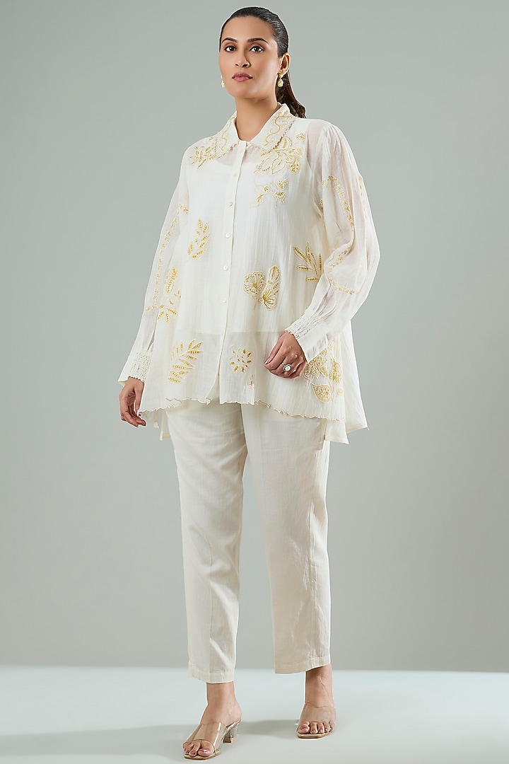 Cream & Mustard Silk Applique Work Shirt by Azu at Pernia's Pop Up Shop