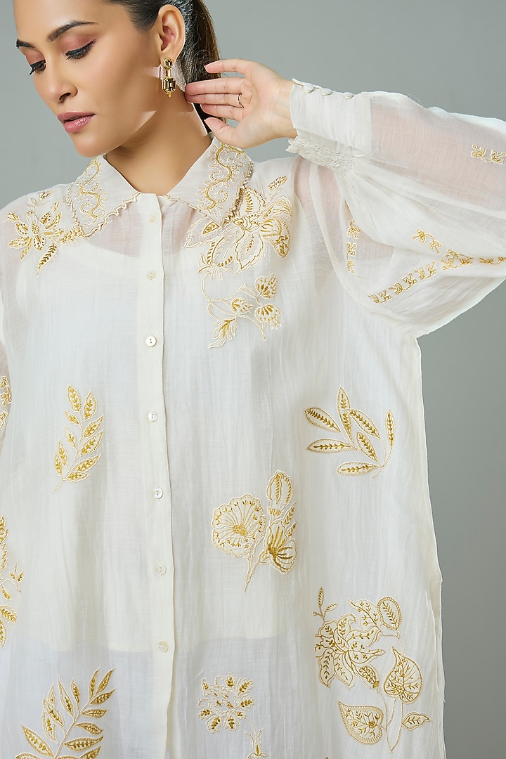 Cream & Mustard Silk Applique Work Shirt by Azu at Pernia's Pop Up Shop