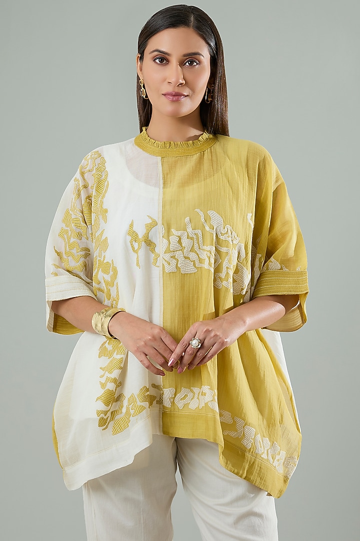 Cream & Mustard Silk Applique Work Shirt by Azu at Pernia's Pop Up Shop