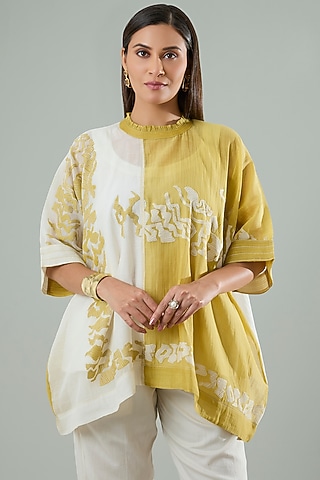 Cream & Mustard Silk Applique Work Shirt by Azu