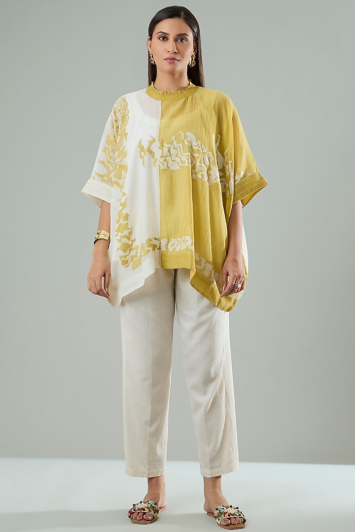 Cream & Mustard Silk Applique Work Shirt by Azu at Pernia's Pop Up Shop