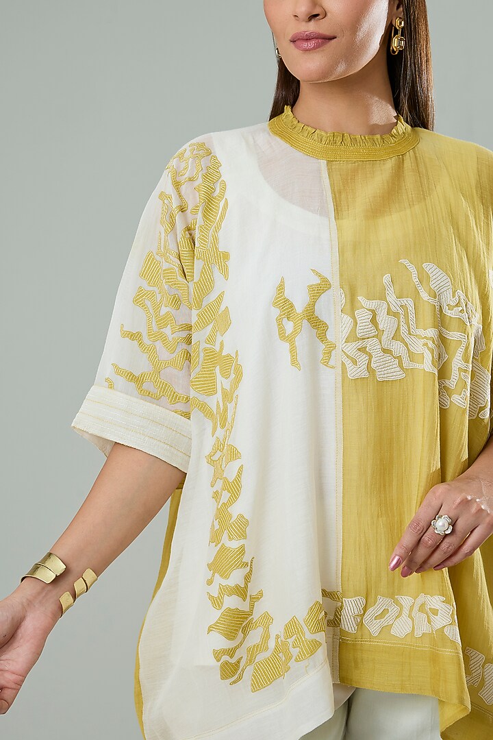Cream & Mustard Silk Applique Work Shirt by Azu at Pernia's Pop Up Shop