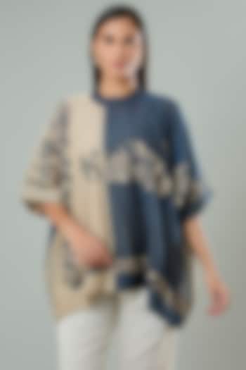 Beige & Navy Blue Silk Applique Work Shirt by Azu at Pernia's Pop Up Shop