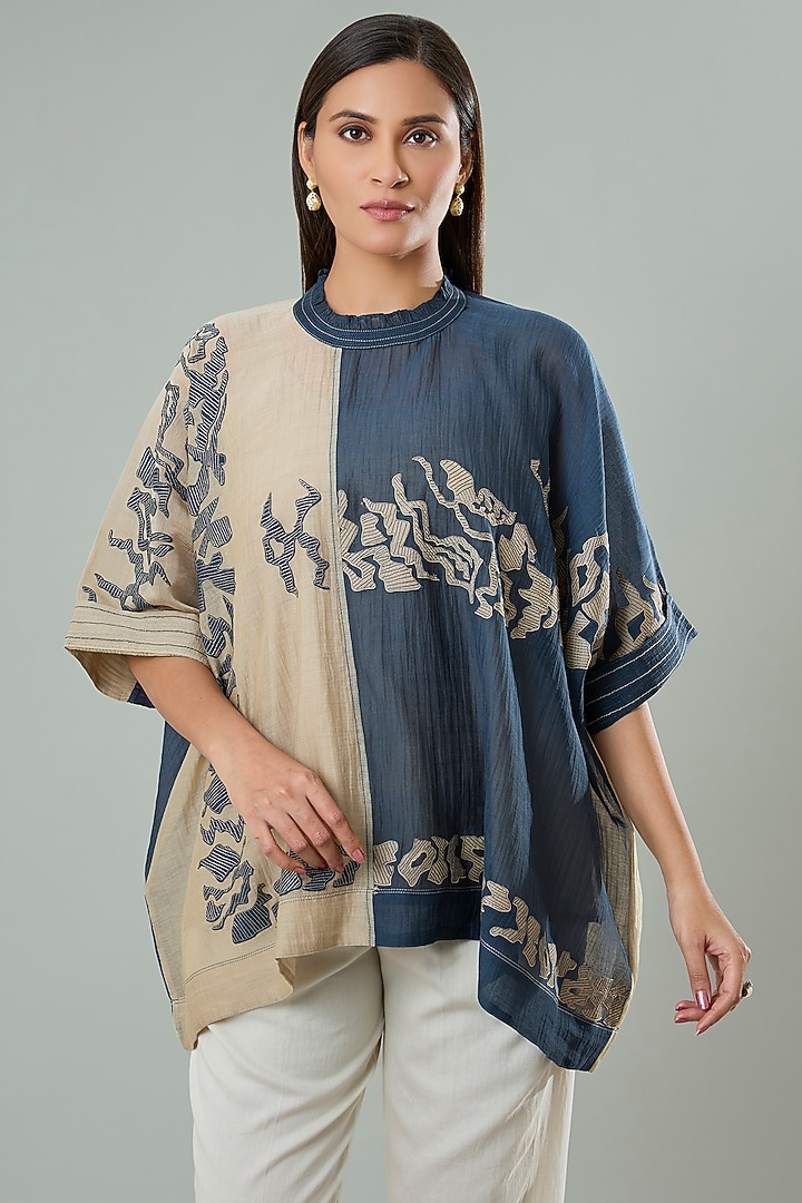 Beige & Navy Blue Silk Applique Work Shirt by Azu at Pernia's Pop Up Shop