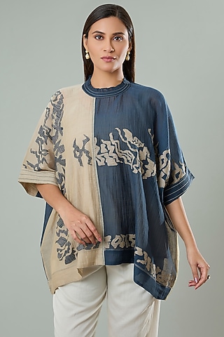 Beige & Navy Blue Silk Applique Work Shirt by Azu