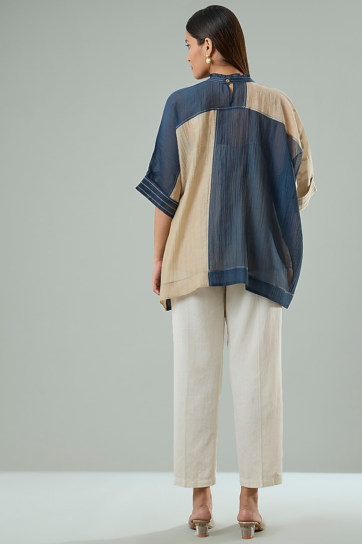 Beige & Navy Blue Silk Applique Work Shirt by Azu at Pernia's Pop Up Shop