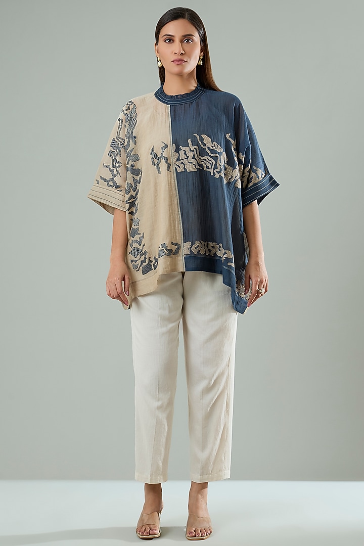 Beige & Navy Blue Silk Applique Work Shirt by Azu at Pernia's Pop Up Shop