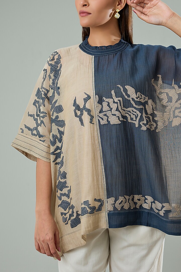 Beige & Navy Blue Silk Applique Work Shirt by Azu at Pernia's Pop Up Shop
