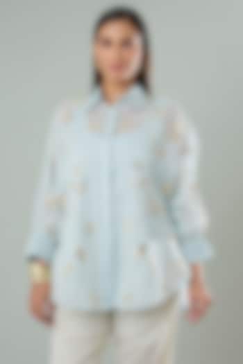 Ice Blue Silk & Cotton Applique Work Shirt by Azu at Pernia's Pop Up Shop
