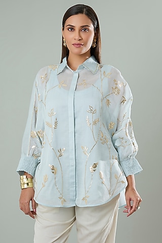 Ice Blue Silk & Cotton Applique Work Shirt by Azu