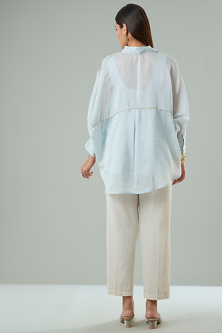 Ice Blue Silk & Cotton Applique Work Shirt by Azu at Pernia's Pop Up Shop
