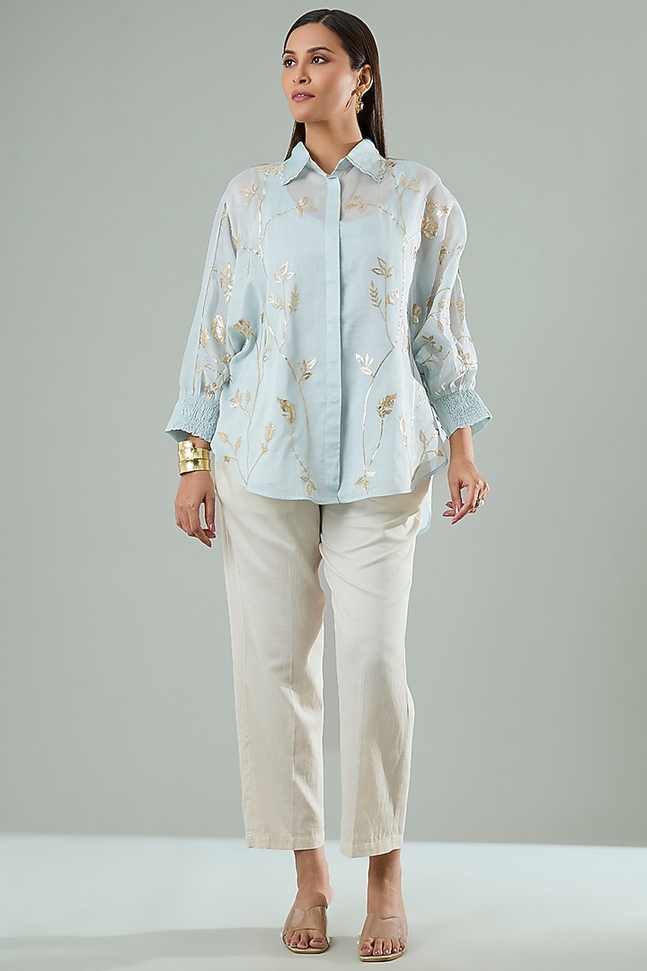 Ice Blue Silk & Cotton Applique Work Shirt by Azu at Pernia's Pop Up Shop