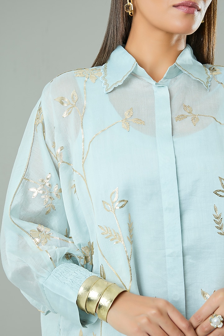 Ice Blue Silk & Cotton Applique Work Shirt by Azu at Pernia's Pop Up Shop