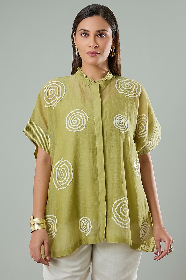 Mint Green Silk & Cotton Applique Work Shirt by Azu at Pernia's Pop Up Shop