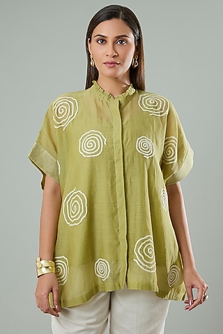 Mint Green Silk & Cotton Applique Work Shirt by Azu