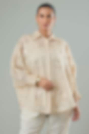 Beige Silk & Cotton Applique Work Shirt by Azu at Pernia's Pop Up Shop