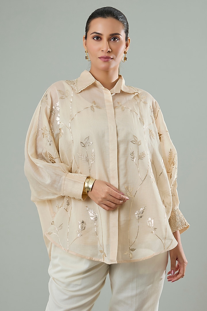 Beige Silk & Cotton Applique Work Shirt by Azu at Pernia's Pop Up Shop