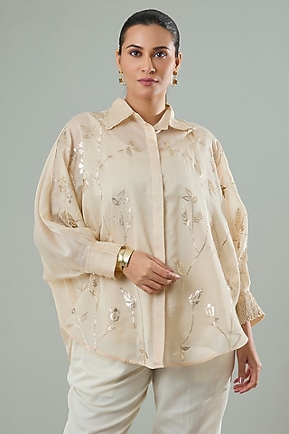Beige Silk & Cotton Applique Work Shirt by Azu
