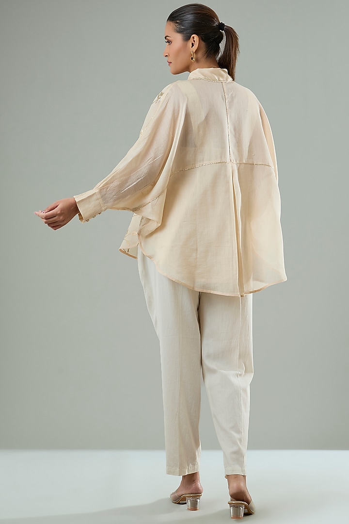 Beige Silk & Cotton Applique Work Shirt by Azu at Pernia's Pop Up Shop