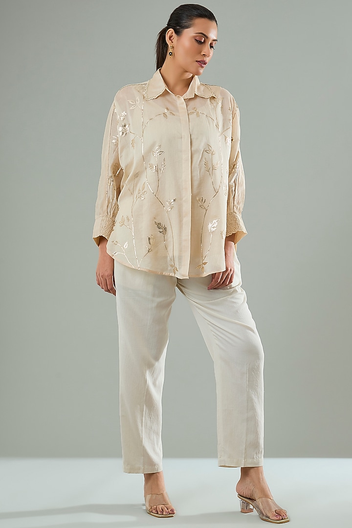 Beige Silk & Cotton Applique Work Shirt by Azu at Pernia's Pop Up Shop