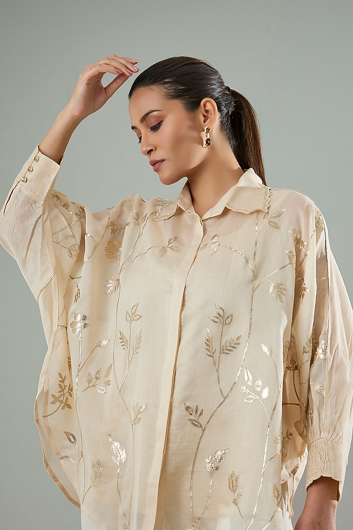 Beige Silk & Cotton Applique Work Shirt by Azu at Pernia's Pop Up Shop