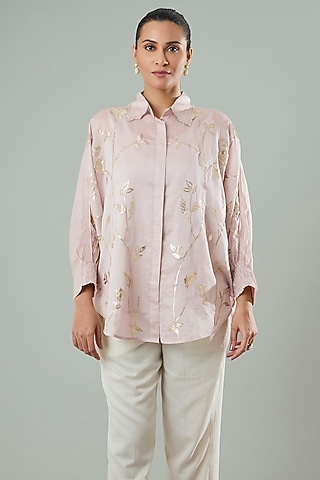 Lilac Silk & Cotton Applique Work Shirt by Azu
