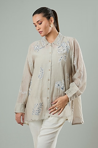 Light Mousse Silk & Cotton Applique Work Shirt by Azu