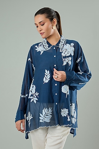Charcoal Grey Silk & Cotton Applique Work Shirt by Azu