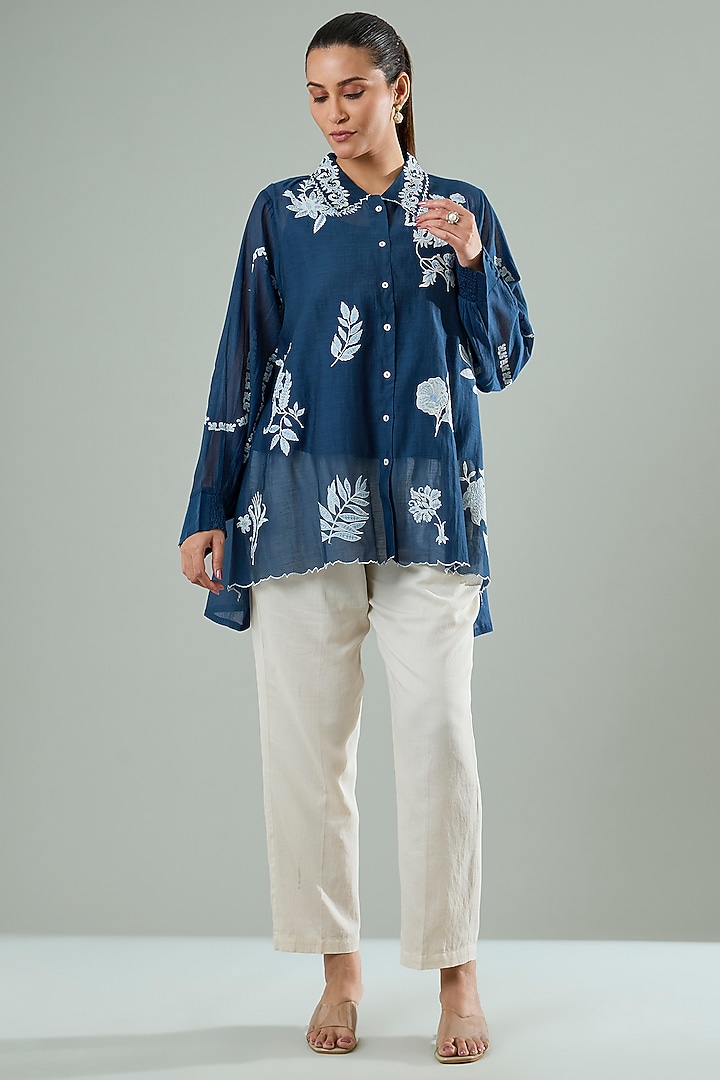 Charcoal Grey Silk & Cotton Applique Work Shirt by Azu at Pernia's Pop Up Shop