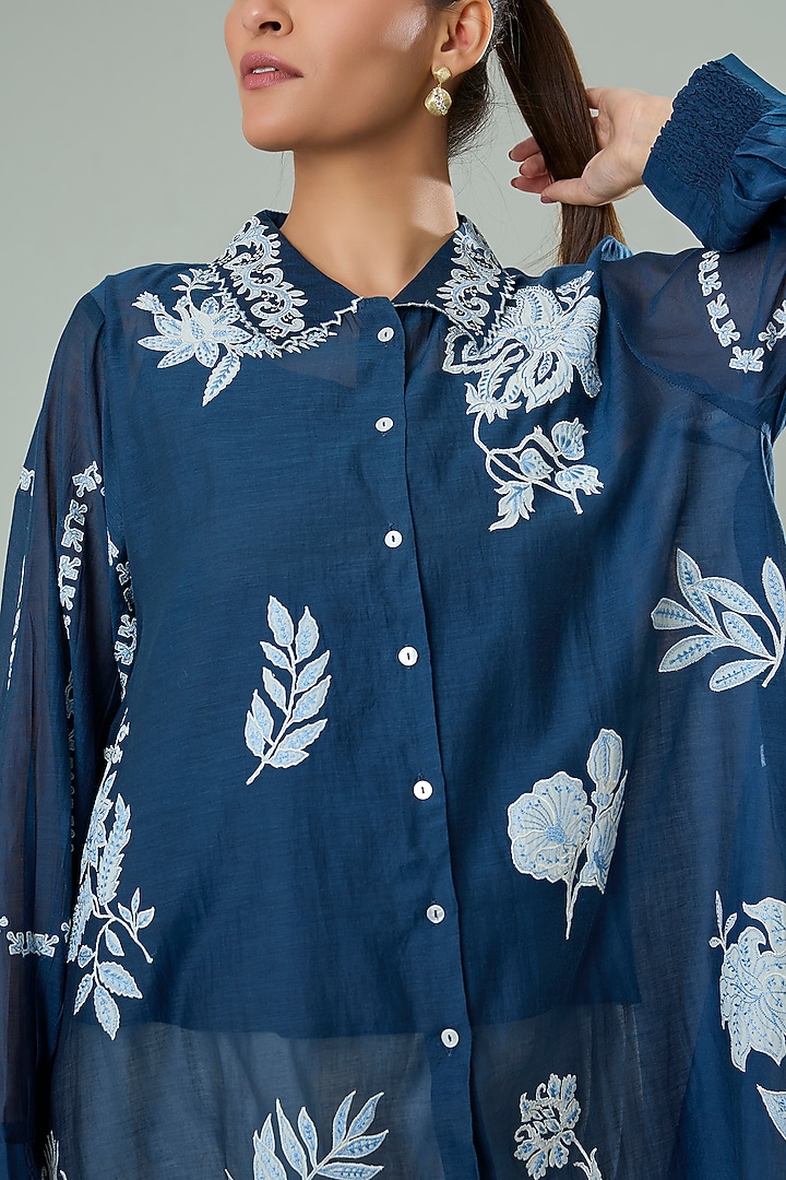 Charcoal Grey Silk & Cotton Applique Work Shirt by Azu at Pernia's Pop Up Shop