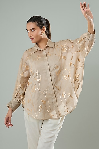 Mousse Brown Silk & Cotton Applique Work Shirt by Azu