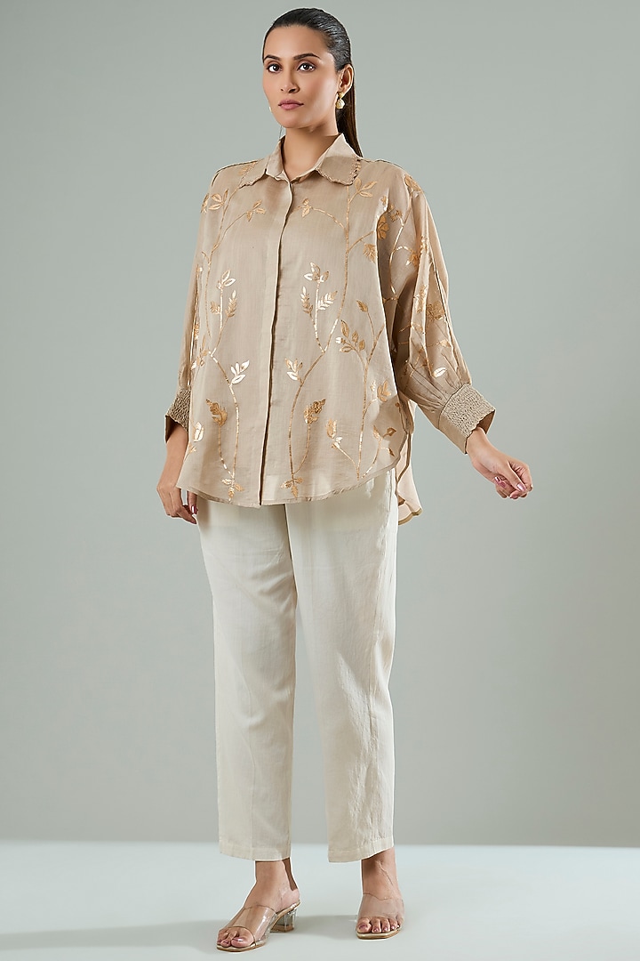 Mousse Brown Silk & Cotton Applique Work Shirt by Azu at Pernia's Pop Up Shop