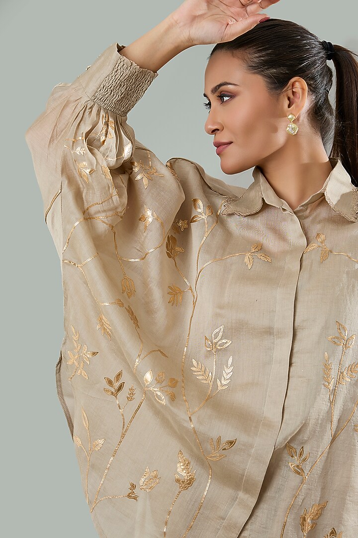 Mousse Brown Silk & Cotton Applique Work Shirt by Azu at Pernia's Pop Up Shop
