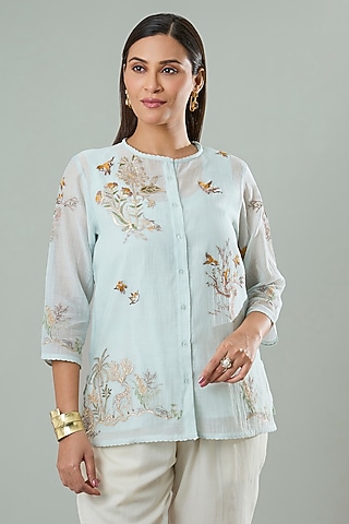 Ice Blue Silk & Cotton Applique Work Shirt by Azu