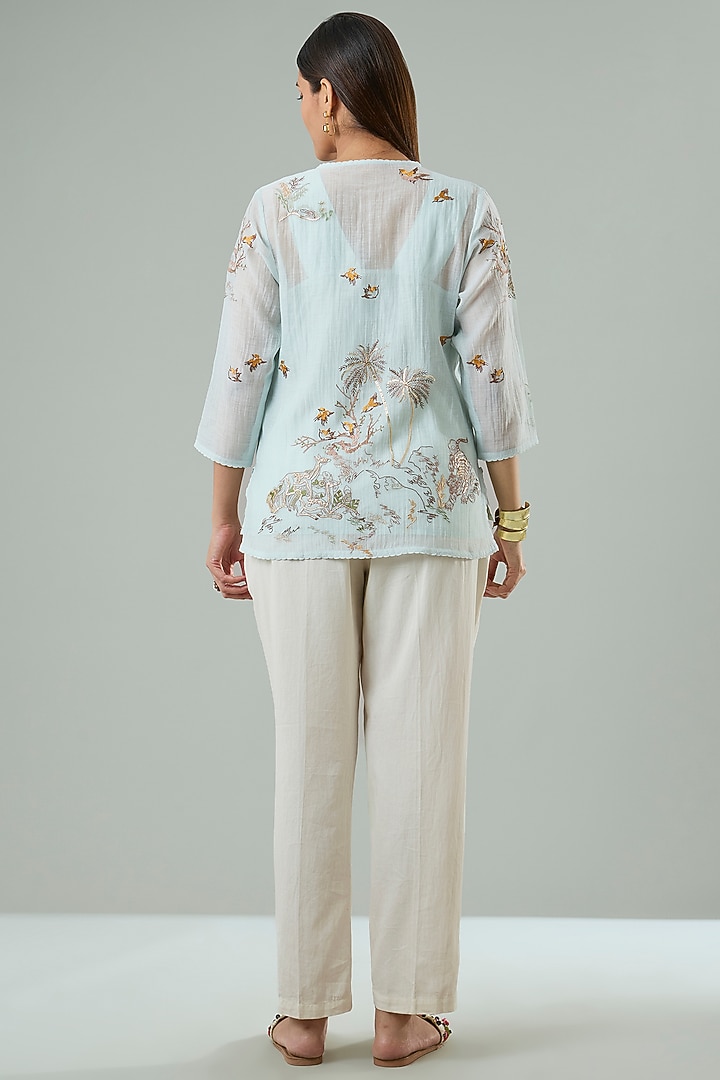 Ice Blue Silk & Cotton Applique Work Shirt by Azu at Pernia's Pop Up Shop