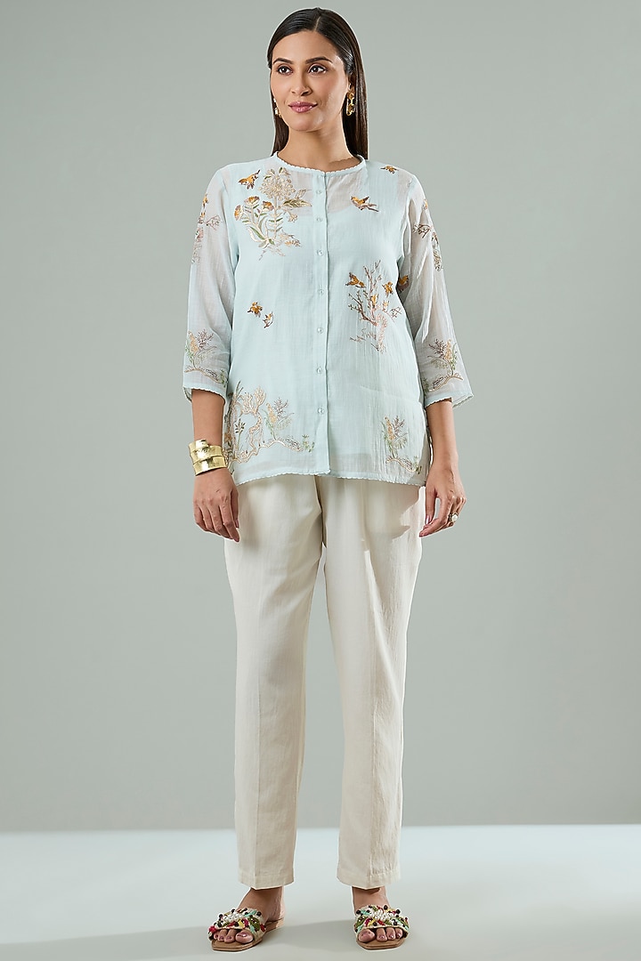 Ice Blue Silk & Cotton Applique Work Shirt by Azu at Pernia's Pop Up Shop