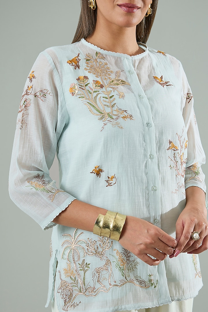 Ice Blue Silk & Cotton Applique Work Shirt by Azu at Pernia's Pop Up Shop