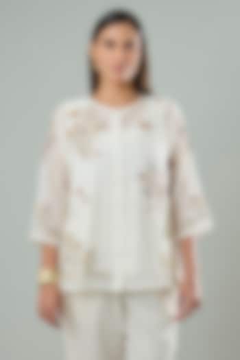 Cream Silk & Cotton Applique Work Shirt by Azu at Pernia's Pop Up Shop