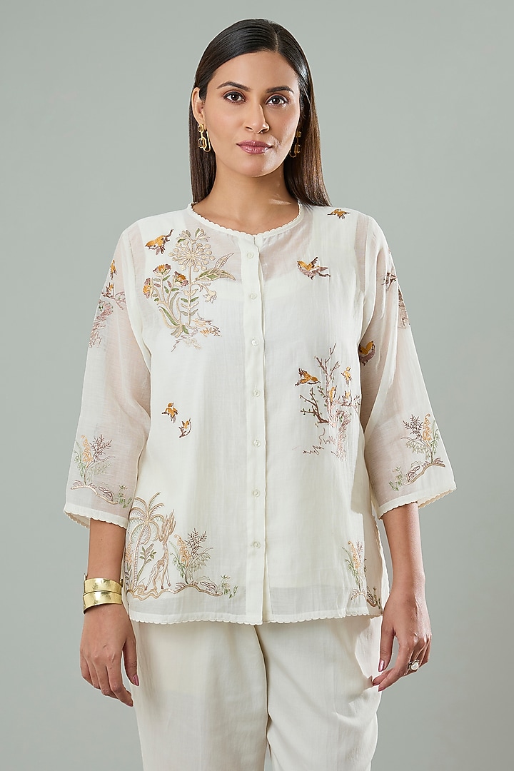 Cream Silk & Cotton Applique Work Shirt by Azu at Pernia's Pop Up Shop